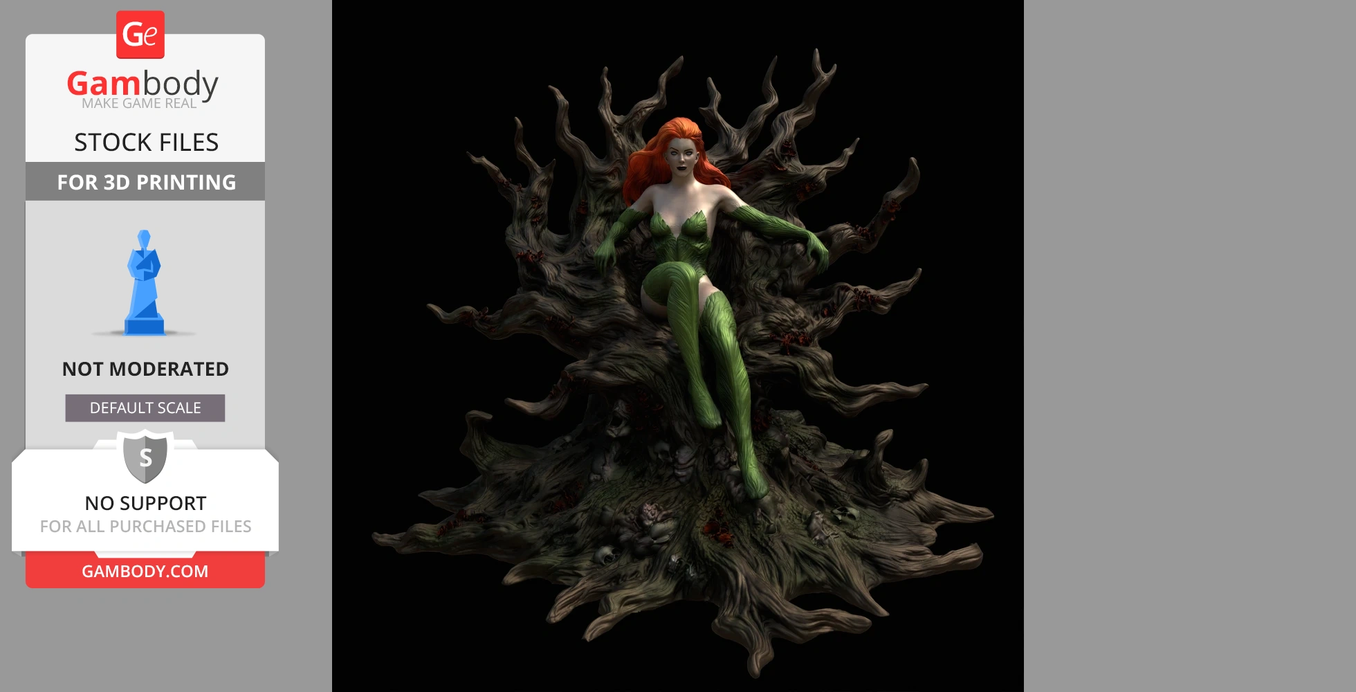 A 3D model of a woman in a green costume with red hair, seated on a twisted, organic throne.