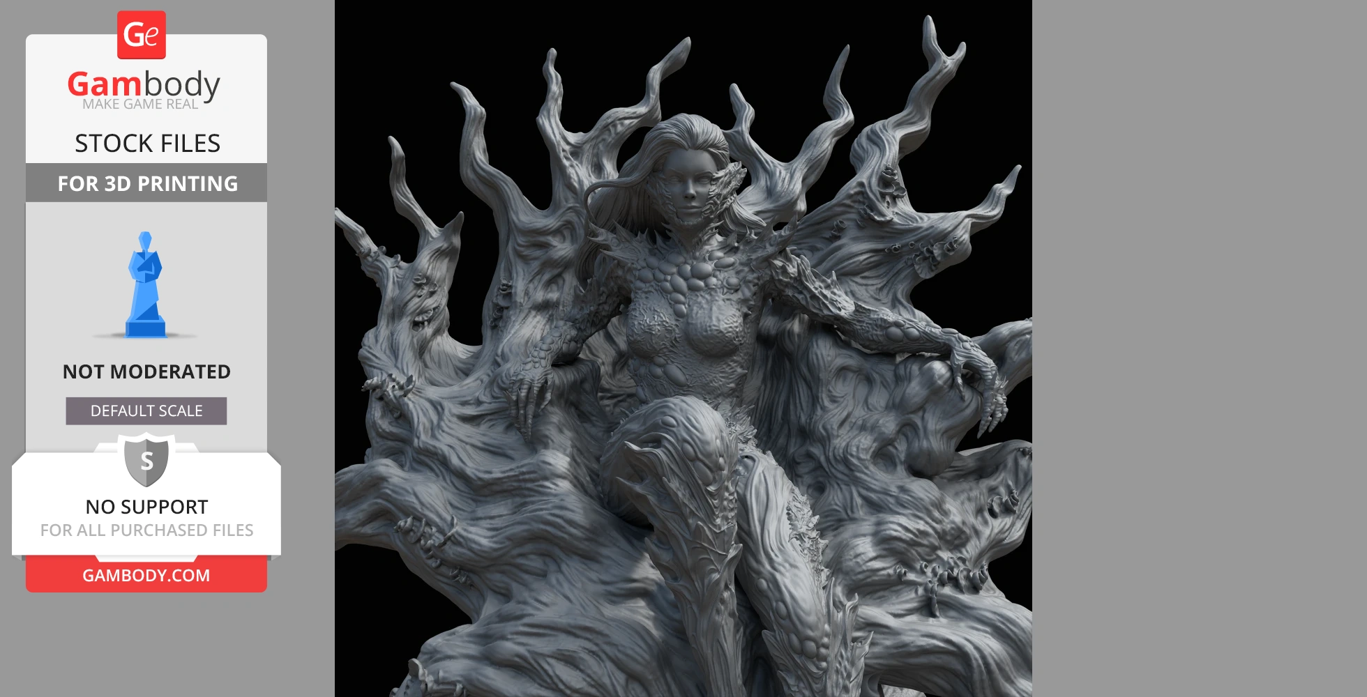 A detailed 3D model of a character with organic, plant-like armor and flowing, vine-like features.