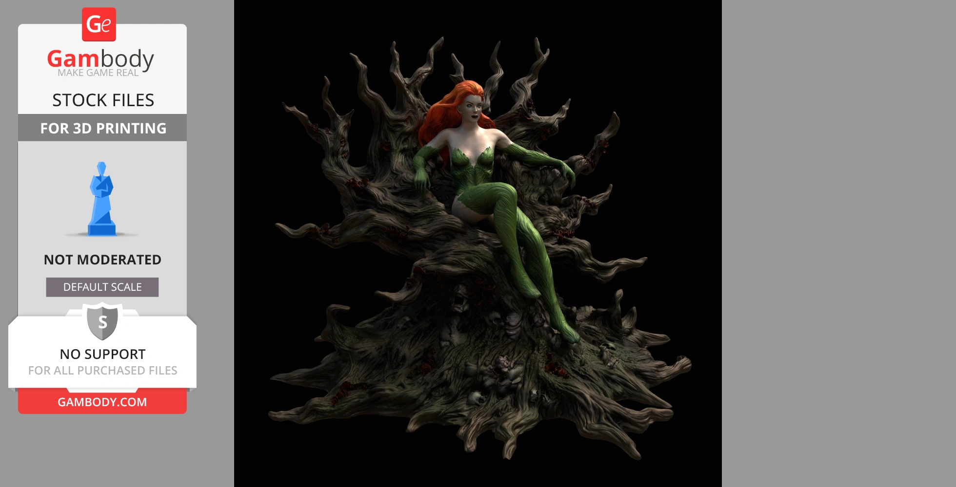 3D model of a woman in a green costume, seated on a twisted, organic throne with vibrant red hair.