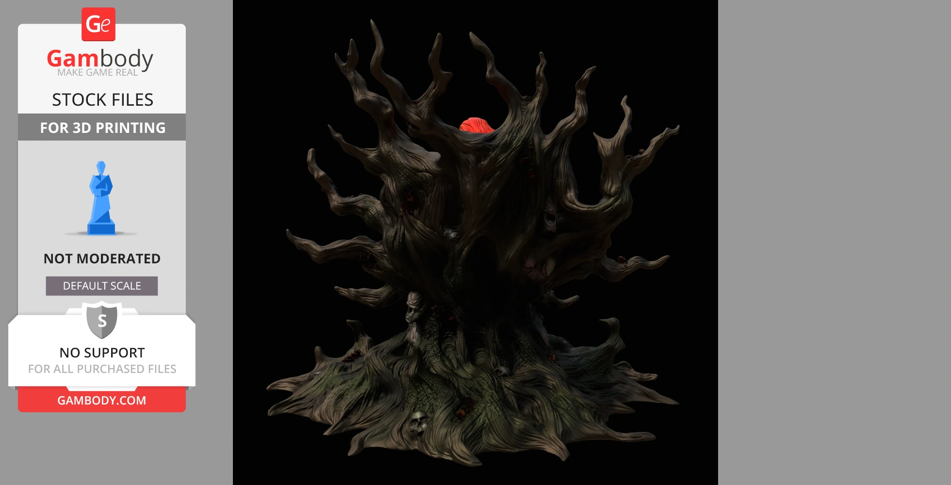 Twisted tree-like structure with gnarled branches and faces, red object at center, dark background.