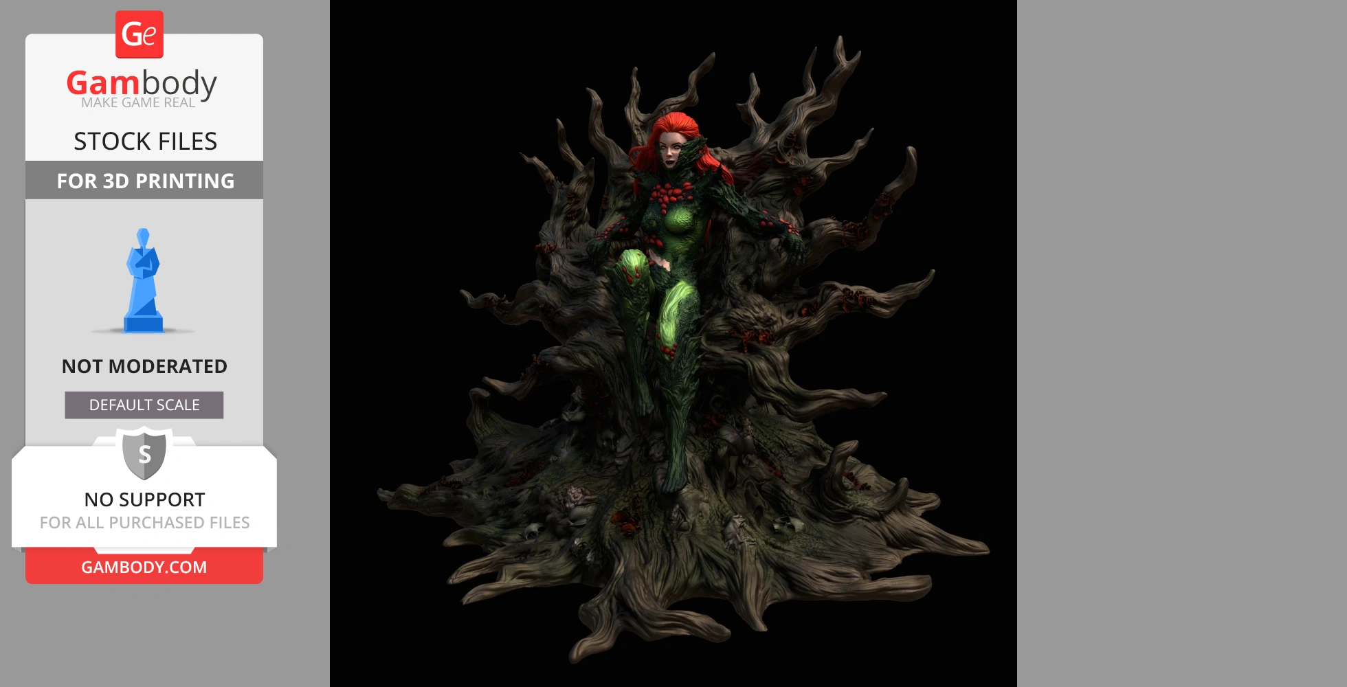 A 3D model of a character with red hair and a detailed plant-like costume, seated on twisted roots.