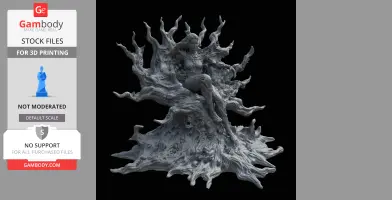 A 3D model of a figure in a dynamic, organic costume resembling twisted branches and roots.