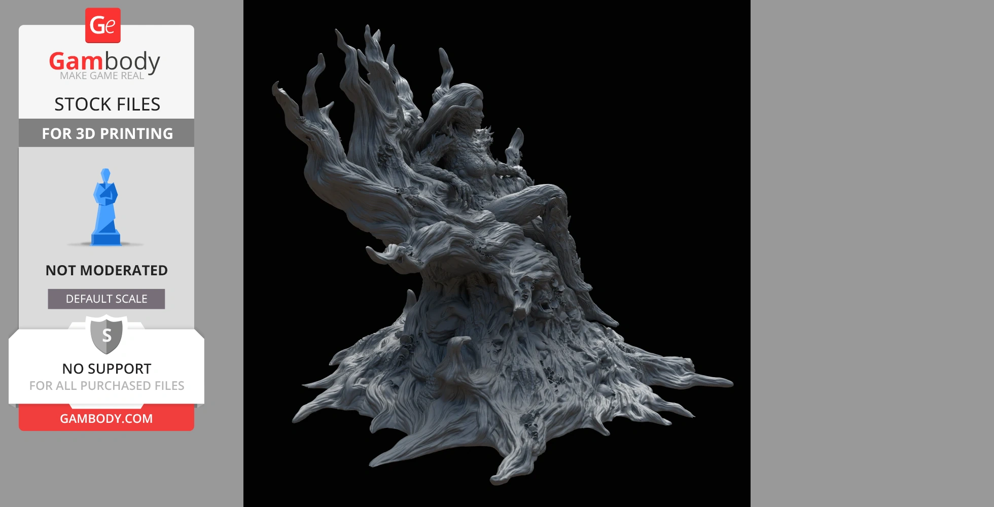 A 3D model of a character seated on a twisting, organic throne with fungal and vine elements.