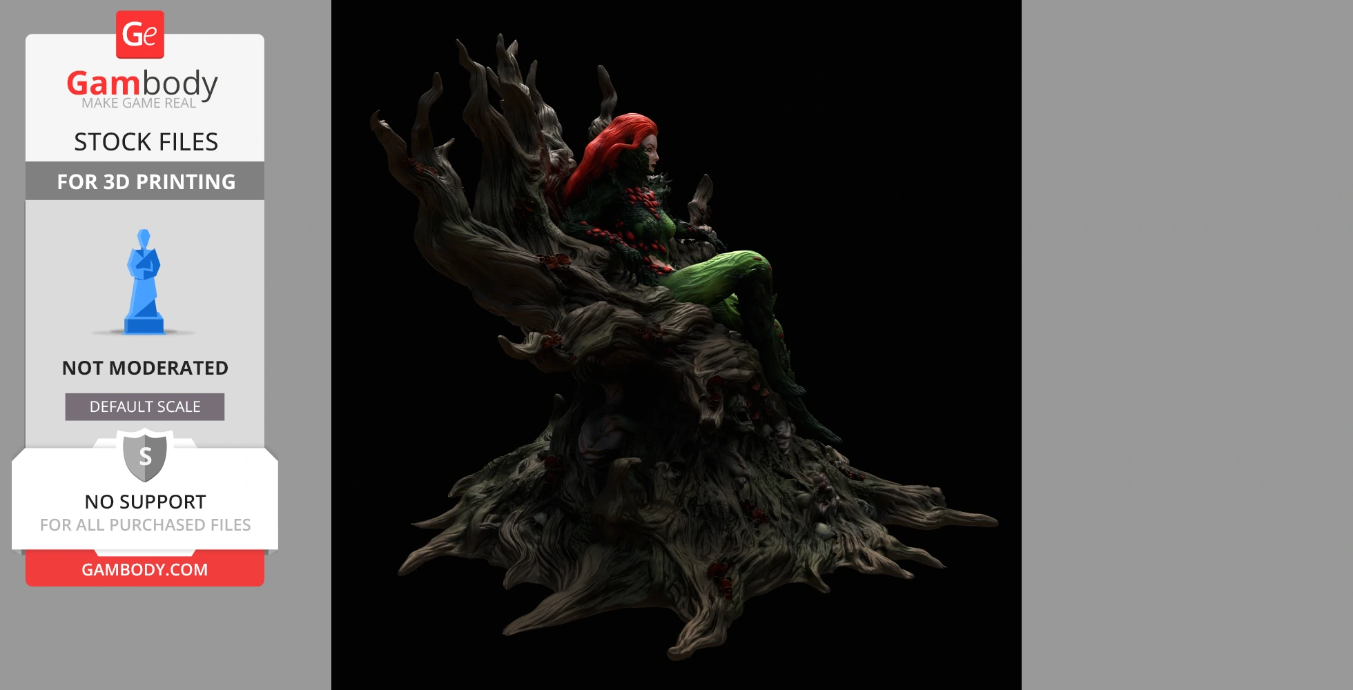 A detailed 3D model of a character with red hair and a plant-like costume sitting on a twisted tree.