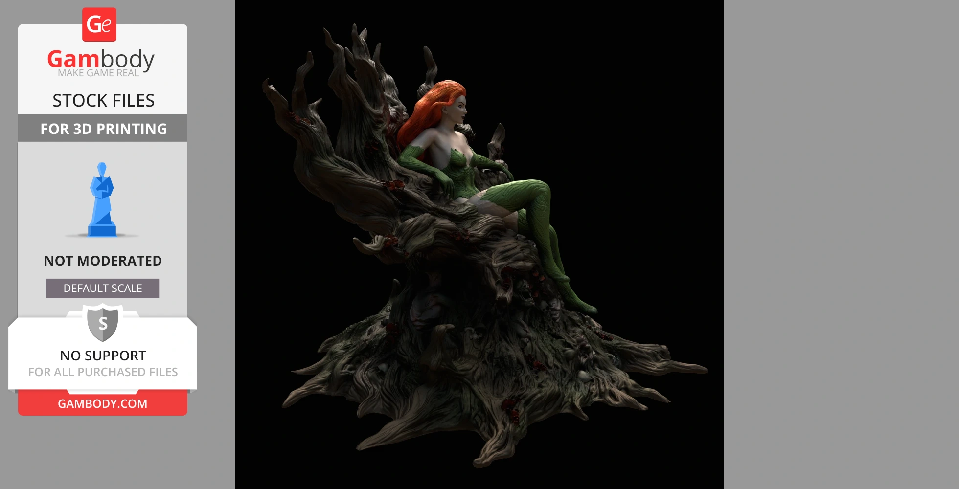 A detailed 3D model of a woman in green attire with red hair, seated on a twisted, organic-looking throne.