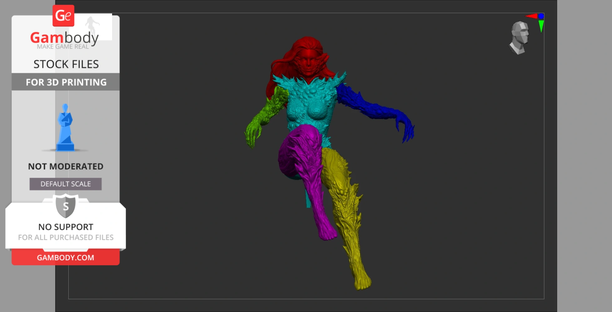 3D model of a dynamic female figure in various textures and vibrant colors, suitable for 3D printing.