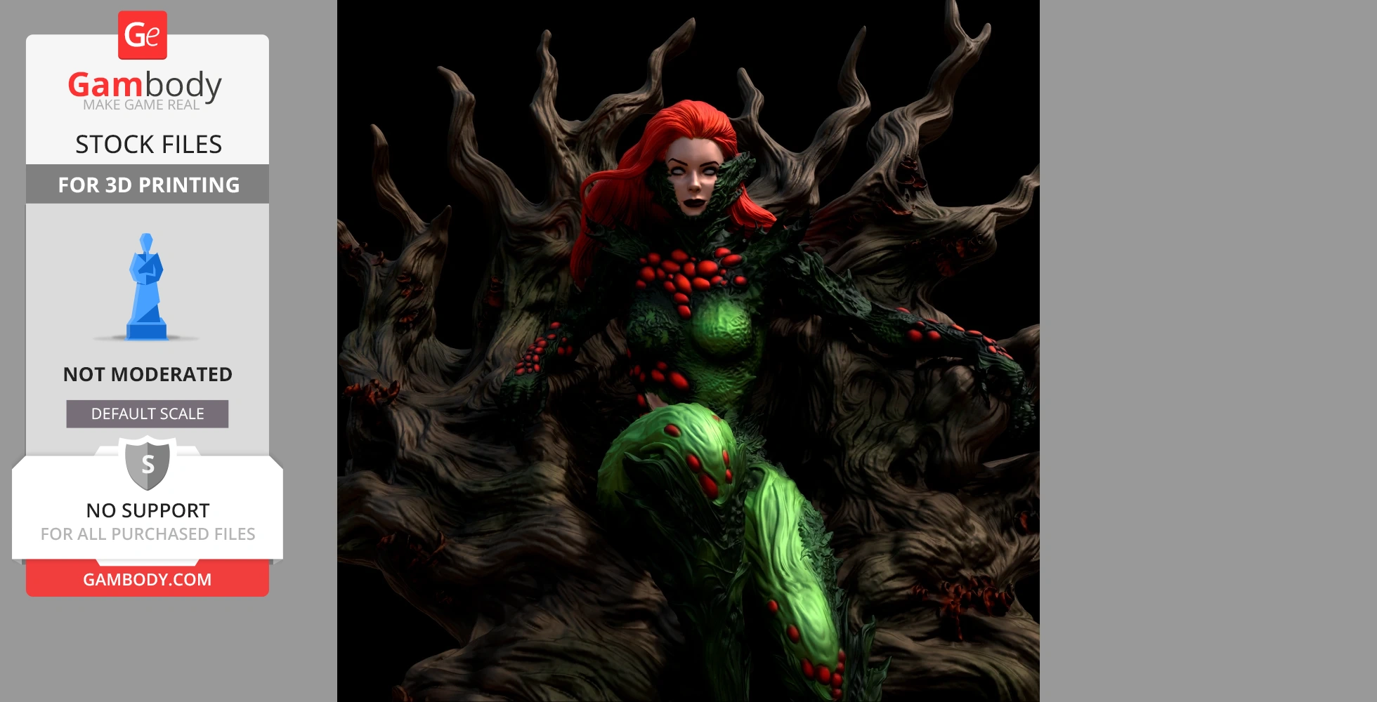 A detailed 3D model of a character with red hair in green, plant-themed attire adorned with red accents.