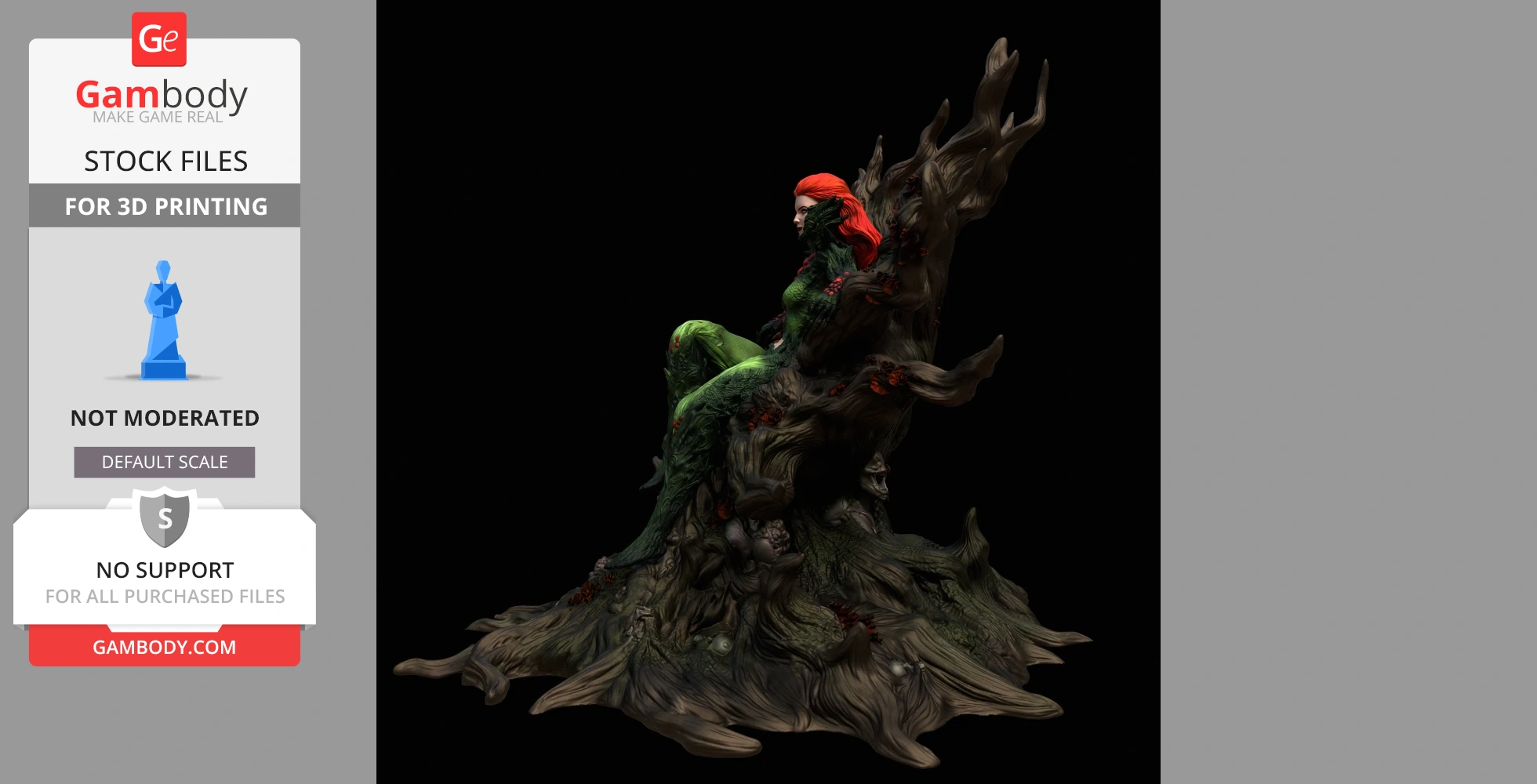 3D model of a woman with red hair in a green, plant-like costume, sitting on a twisted wooden throne.