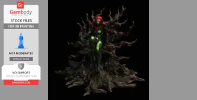 A 3D model of a character with red hair and a detailed plant-like costume, seated on twisted roots.