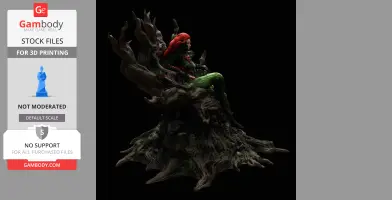 A detailed 3D model of a character with red hair and a plant-like costume sitting on a twisted tree.