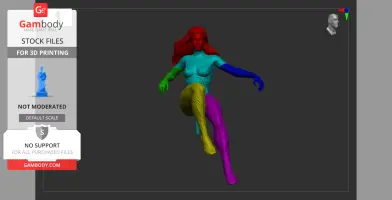 3D model of a woman with flowing hair in a dynamic pose, color-separated for 3D printing.