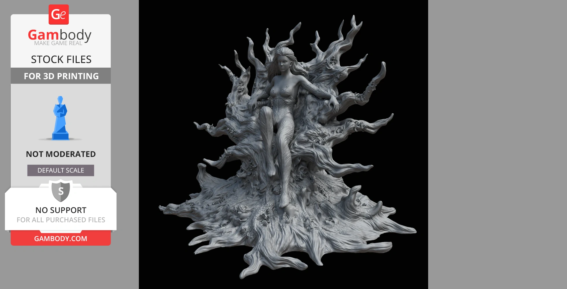 A 3D model of a woman in a detailed nature-themed outfit, sitting amid twisting vines and roots.