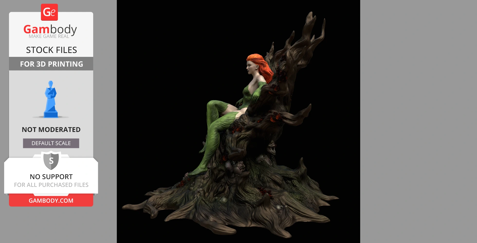 A female figure with red hair in a green costume, seated on a gnarled, tree-like throne.