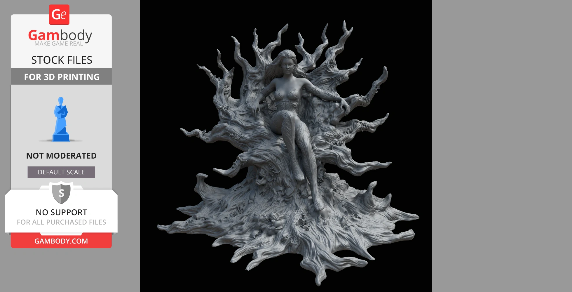 A woman figure in foliage-themed attire sits on a twisted vine throne, surrounded by plant-like tendrils.