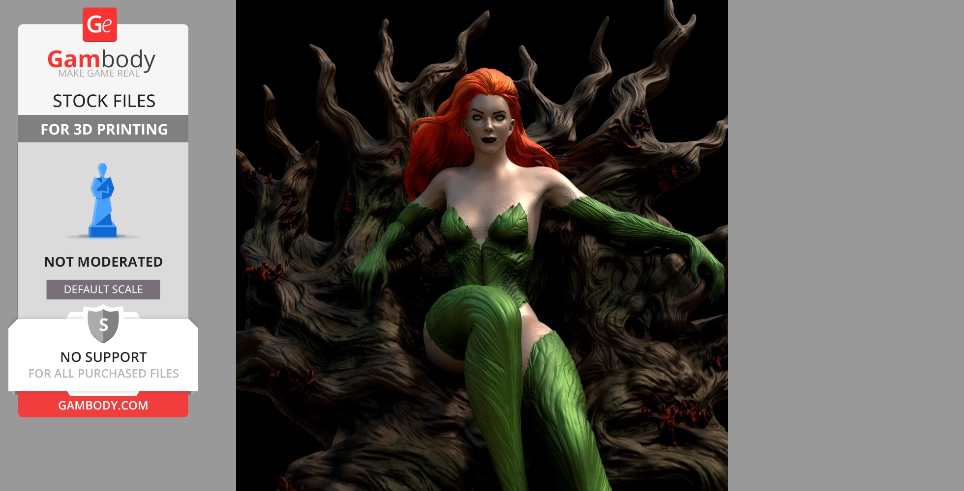 A 3D model of a character with red hair in a green, leaf-inspired costume, sitting on a twisted tree throne.
