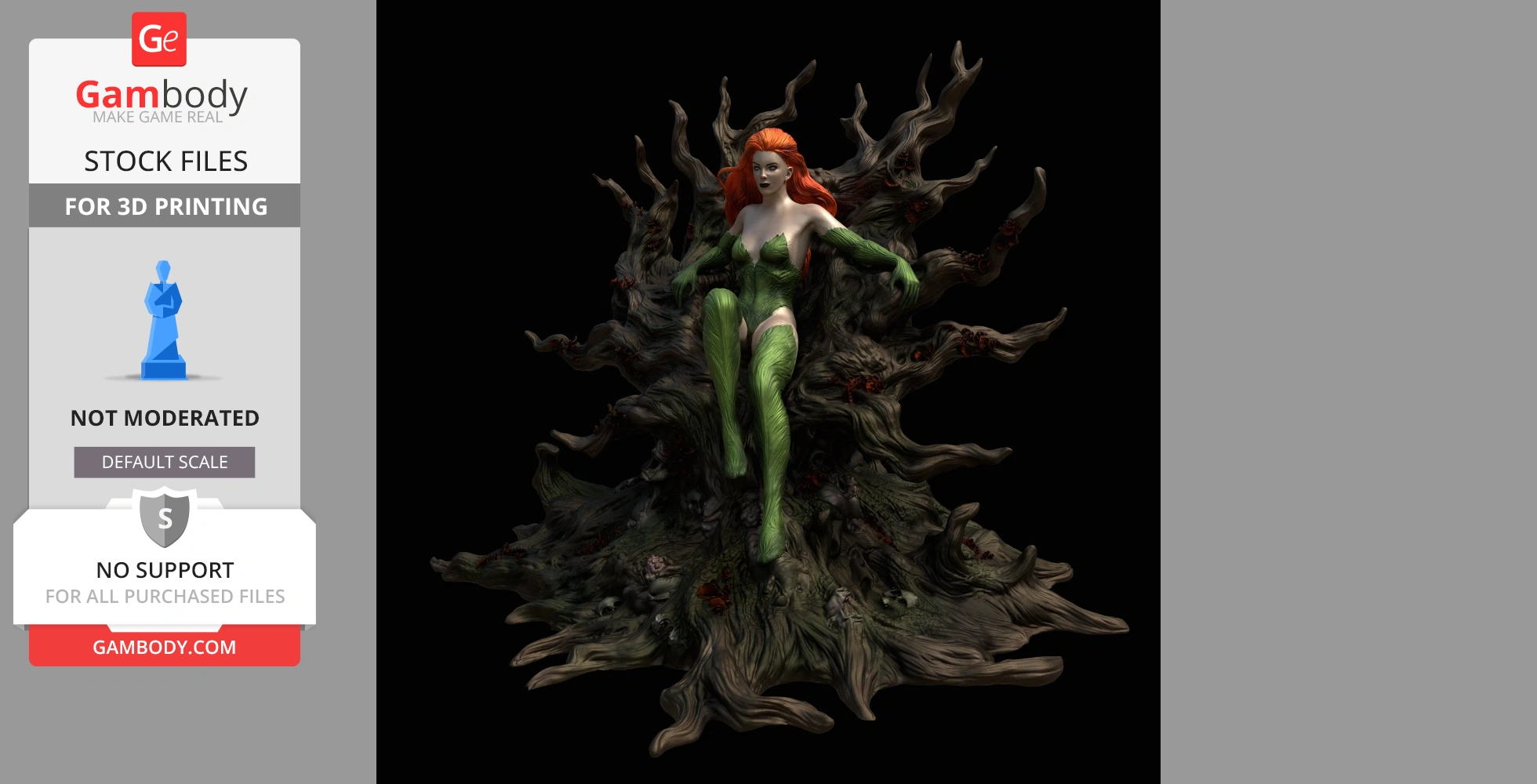 A 3D model of a woman in a classic green costume with red hair, sitting on a gnarled, tree-like throne.