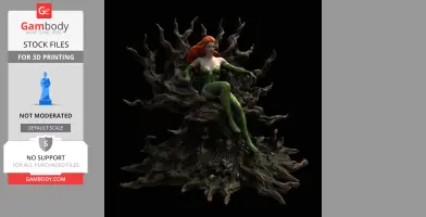 A superheroine in a green costume sits on a twisted, vine-like throne with an alluring pose.