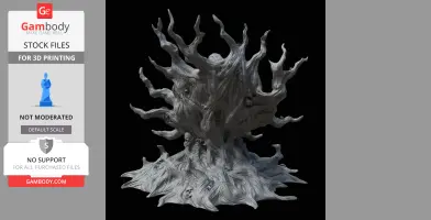 Twisting tree-like structure with swirling branches and faces embedded in the trunk.