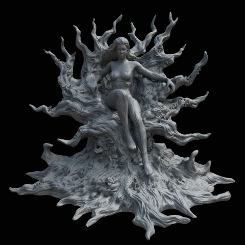 A woman with red hair in a green outfit sits on a twisted, organic throne.