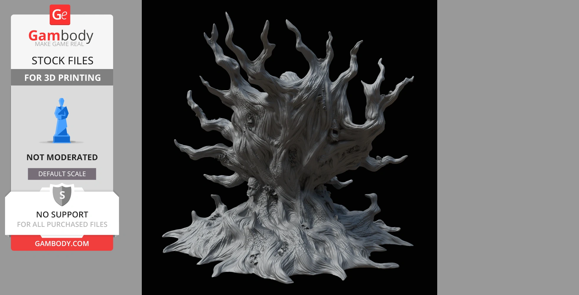 Twisting tree-like structure with swirling branches and faces embedded in the trunk.