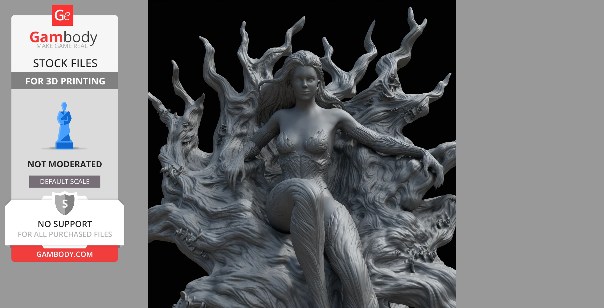 A 3D model of a woman in a nature-inspired costume, seated on a twisting, organic throne.
