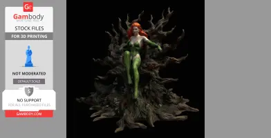 A 3D model of a woman in a classic green costume with red hair, sitting on a gnarled, tree-like throne.