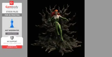 Poison Ivy in green costume sitting on a twisted, organic throne with flowing red hair, inspired by DC Comics.
