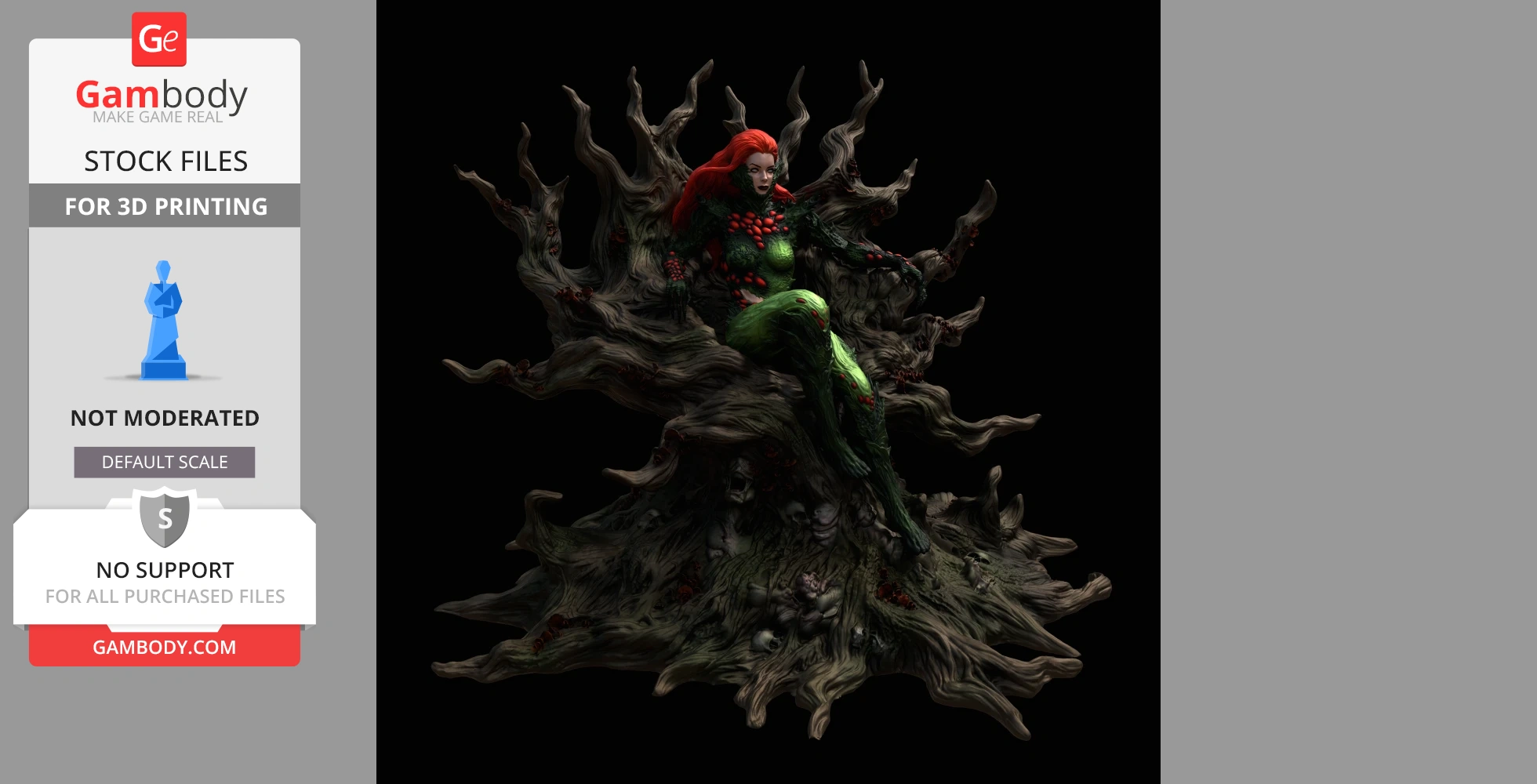 Female figure with red hair in a fungal costume sitting on a twisted, organic throne.