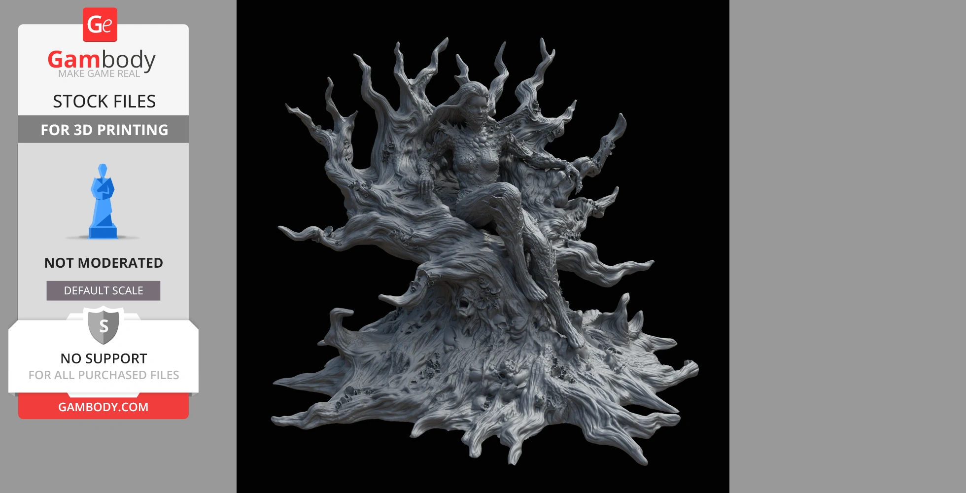 A detailed 3D model of a character in a fungal-themed costume, seated on a twisting, organic base.