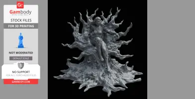 A detailed 3D model of a character in a fungal costume with flowing organic elements, ready for 3D printing.