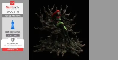 Female figure with red hair in a fungal costume sitting on a twisted, organic throne.