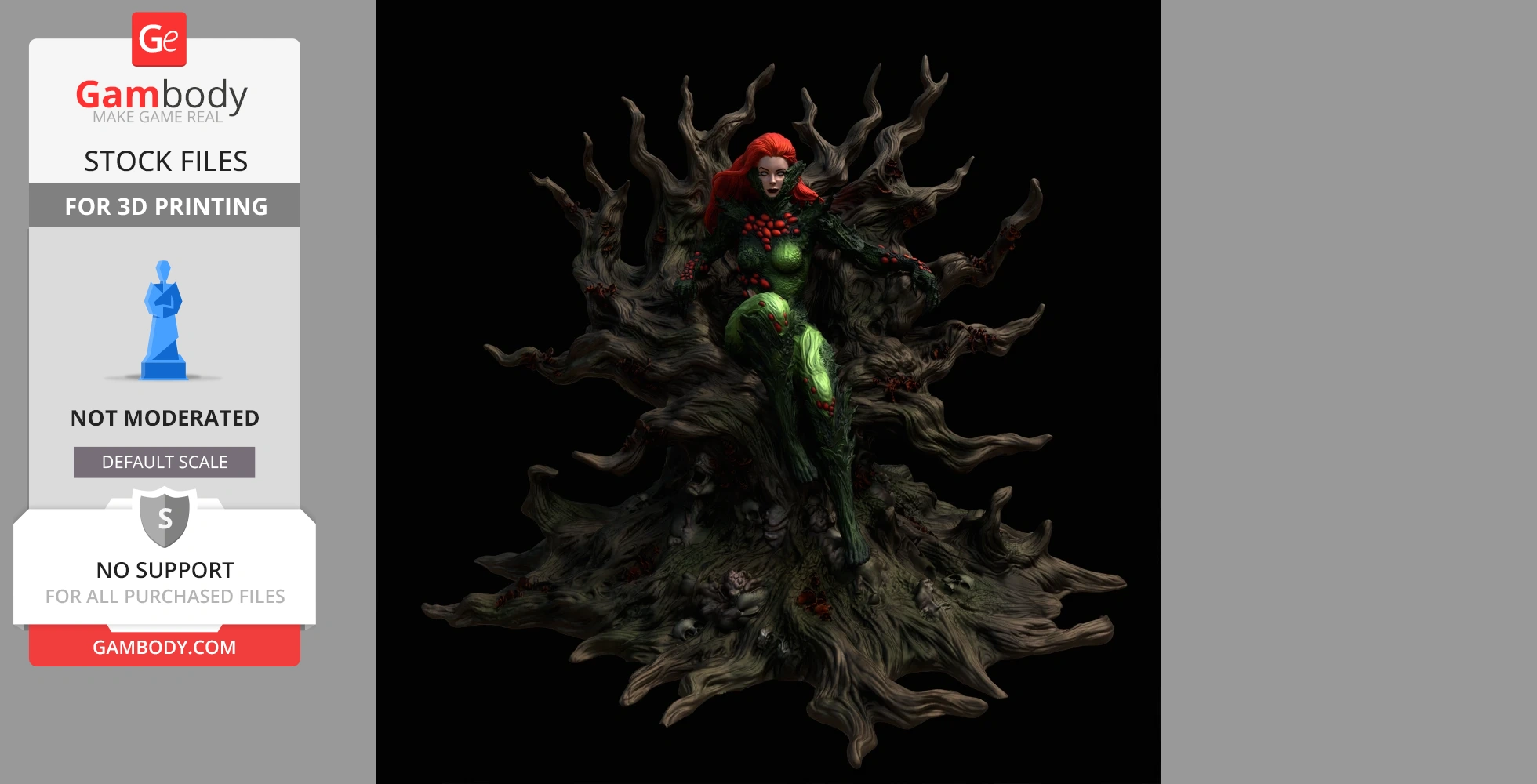 A woman in a fungal-themed costume sits on a twisted, root-like throne with a dark background.