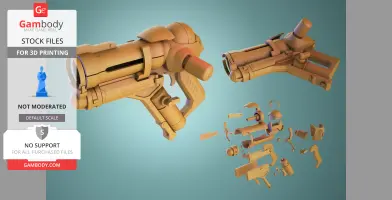 3D model of Mei's cold gun from Overwatch, shown in assembled and exploded views for 3D printing.