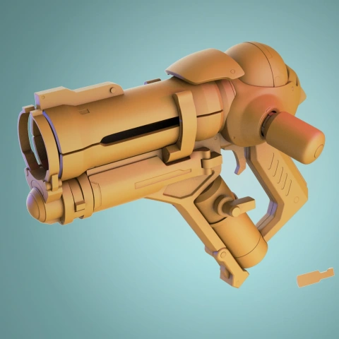 Futuristic gun model with sleek design, inspired by a popular video game, optimized for 3D printing.