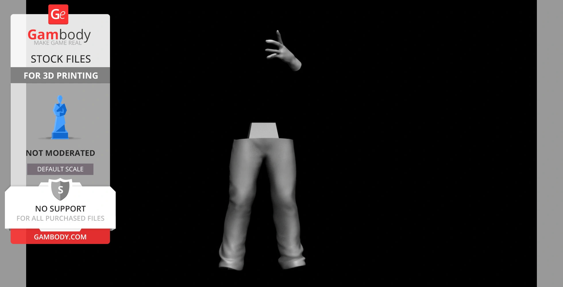 A 3D model of a human hand reaching out, with disembodied legs wearing pants below.