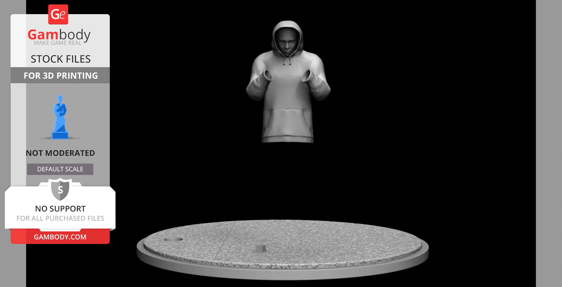A 3D model of a hooded figure with missing hands floating above a textured circular base.