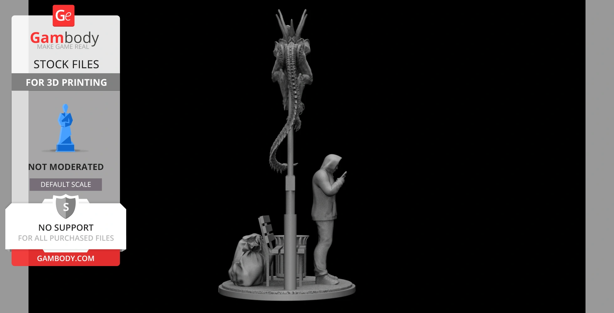 Alien Xenomorph perched on a streetlight above a person using a phone; bench and bag nearby.