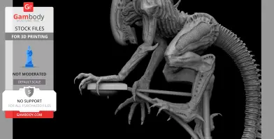 A detailed 3D model of a Xenomorph on a support beam, textures emphasizing its biomechanical design.