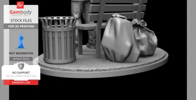 A 3D model of a park scene with a bench, trash can, and bags on a textured base.