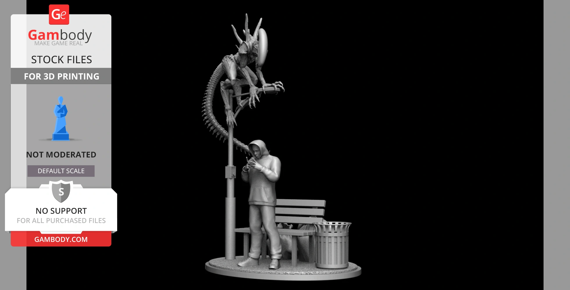 A hooded figure on a phone, oblivious to a Xenomorph perched above on a streetlight.