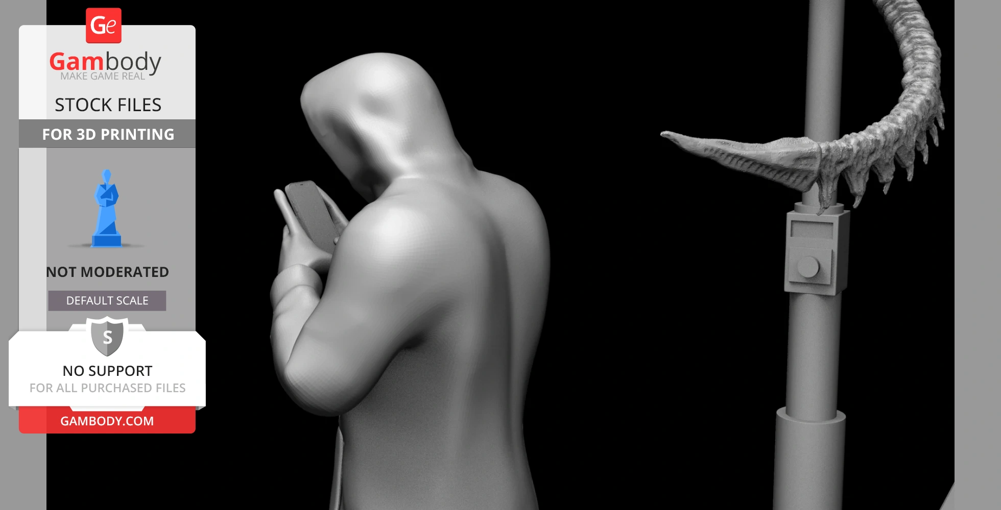 A hooded figure using a smartphone, with an alien-like tail emerging from a pole nearby.