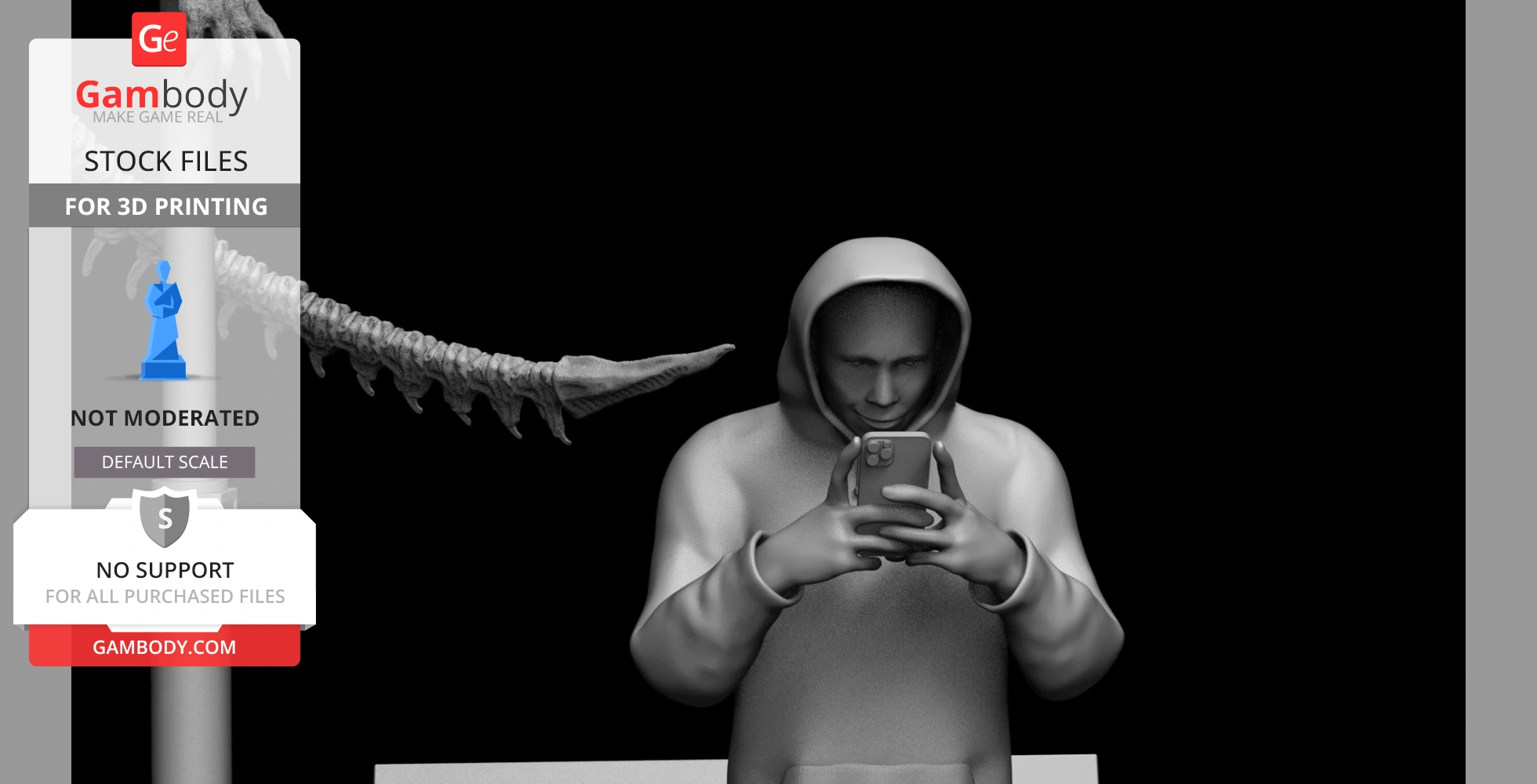 A figure in a hoodie looks at their phone while an alien tail looms behind them.