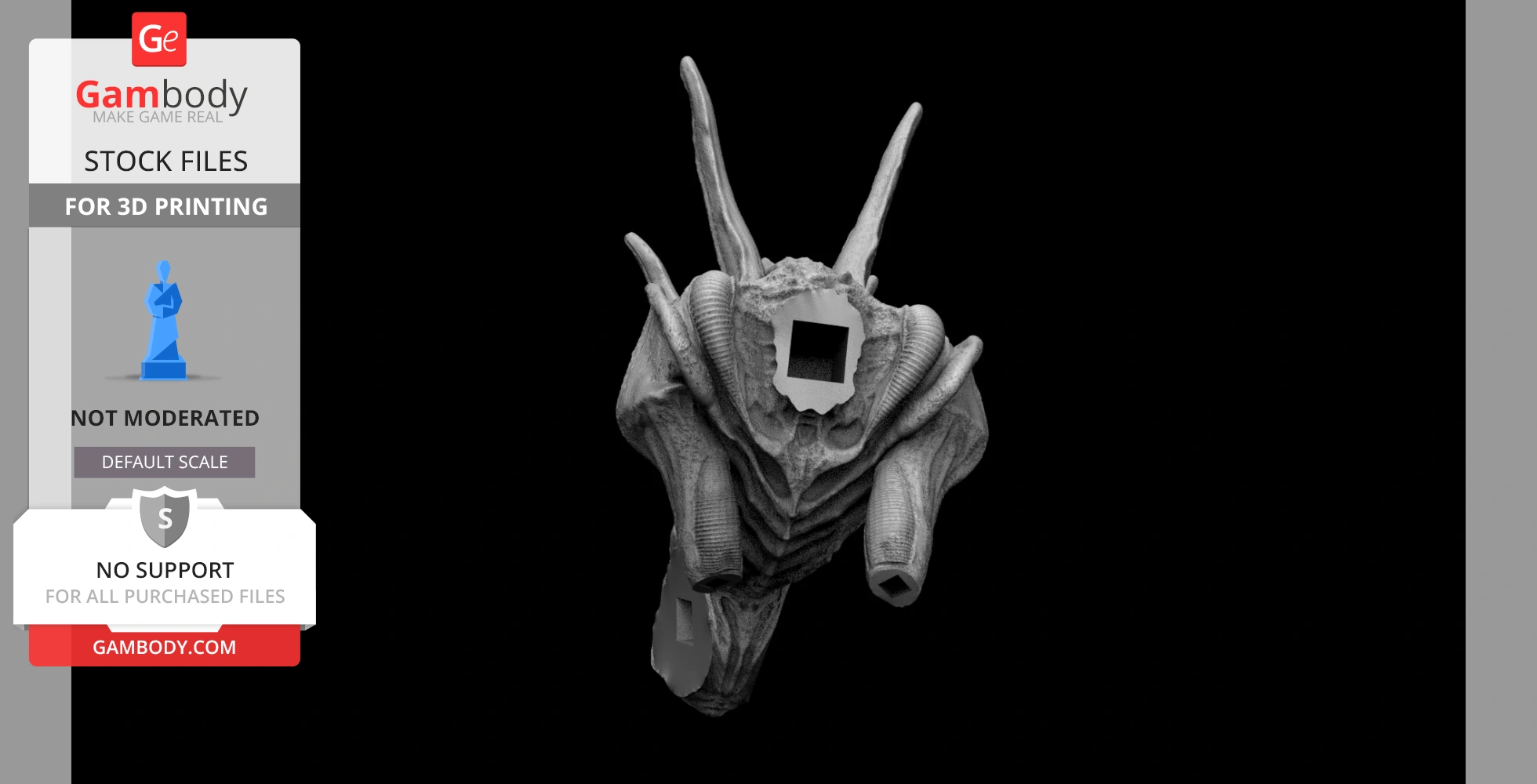 A 3D model of an Alien Xenomorph head with detailed ridges and horns, designed for 3D printing.