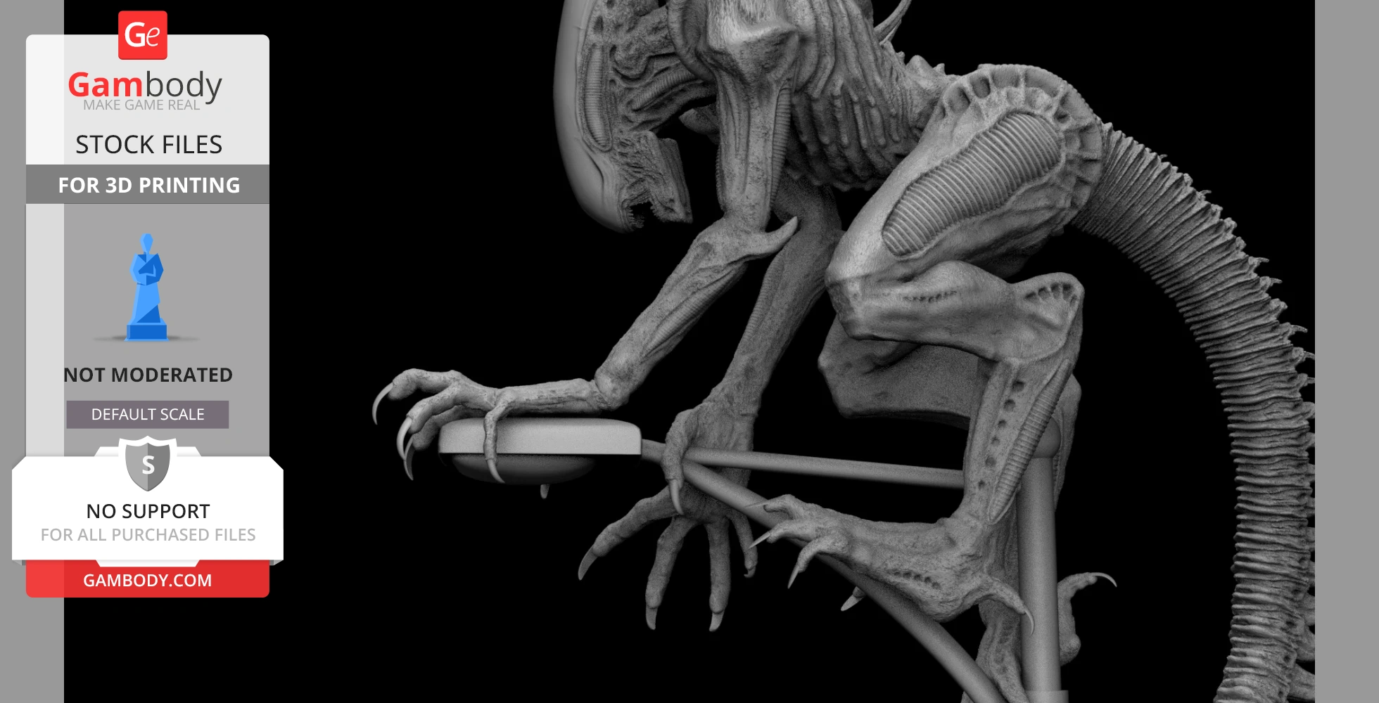A detailed 3D model of a Xenomorph on a support beam, textures emphasizing its biomechanical design.