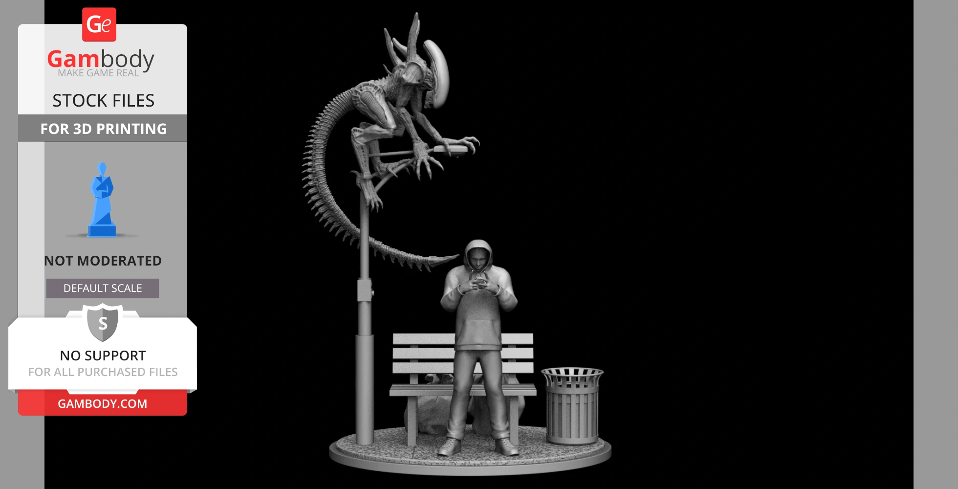 An alien creature perched on a streetlight, overlooking a hooded figure using a phone near a bench.