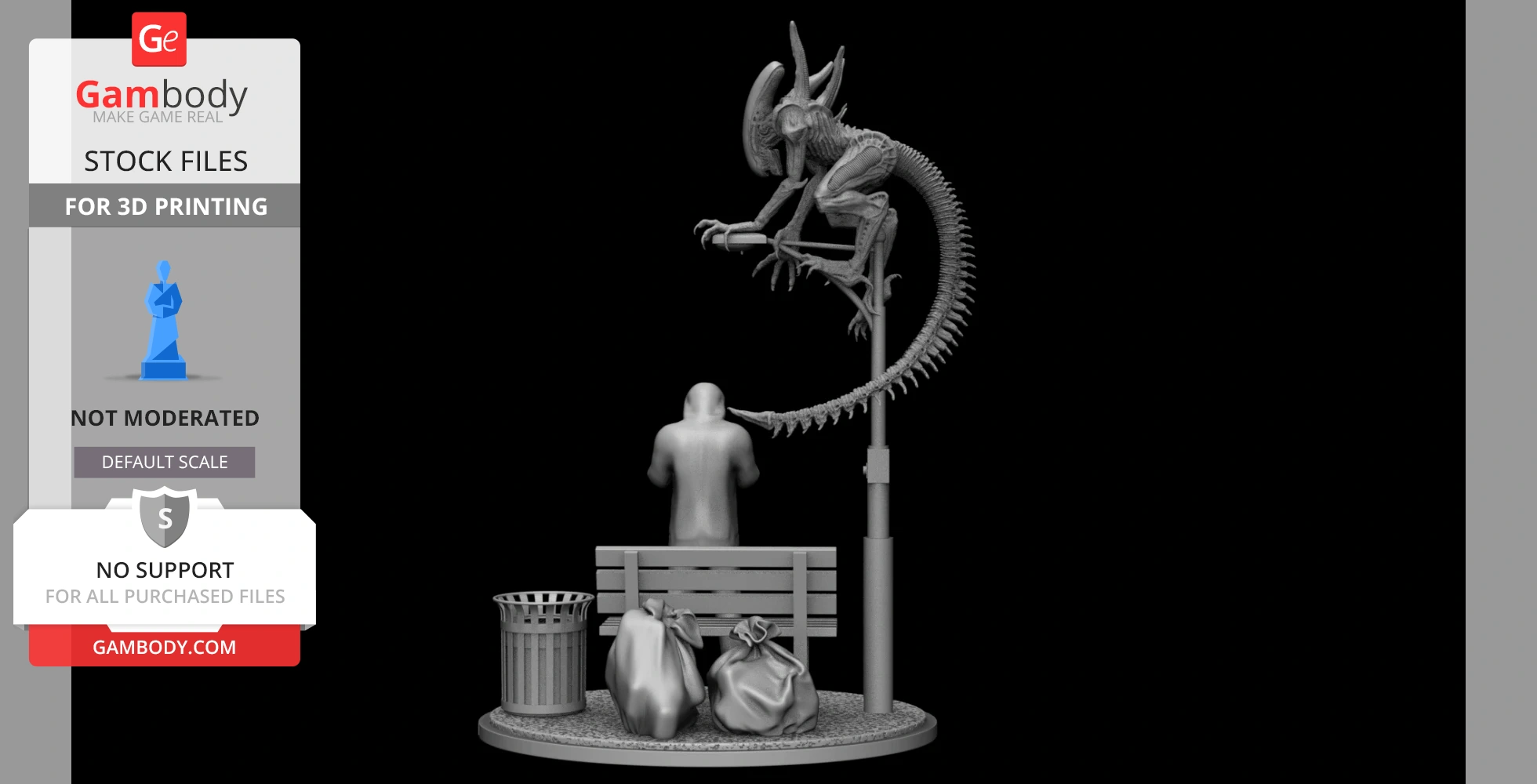 Xenomorph perched above a person seated on a bench, with garbage bags and a trash can nearby.