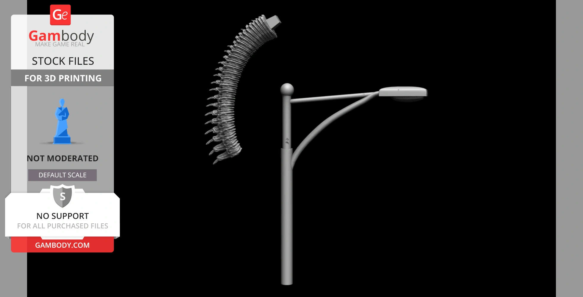A segmented, curved 3D model piece alongside a simple streetlight pole and fixture.