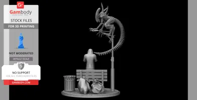 Xenomorph perched above a person seated on a bench, with garbage bags and a trash can nearby.
