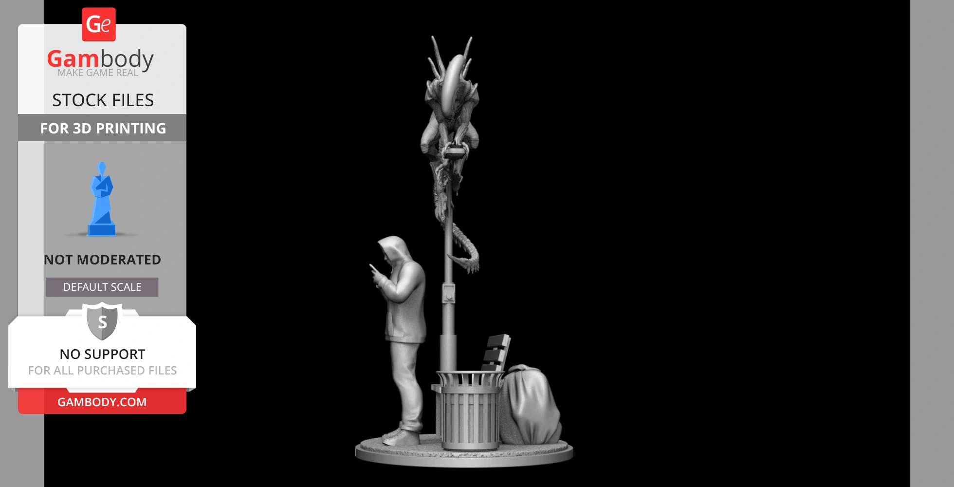 A hooded figure looks at a phone while a Xenomorph perches above on a streetlight in a 3D printed scene.