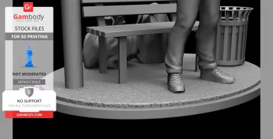 3D model of sneakers and legs standing near a bench with a figure hiding underneath, next to a trash can.